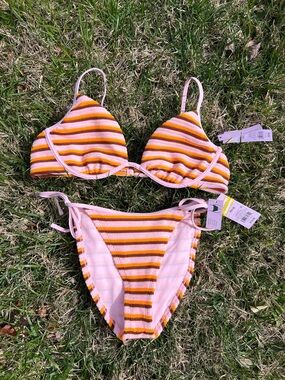 Barbie core bikini top size L bottom Sz Small side tie high leg cheeky NWT